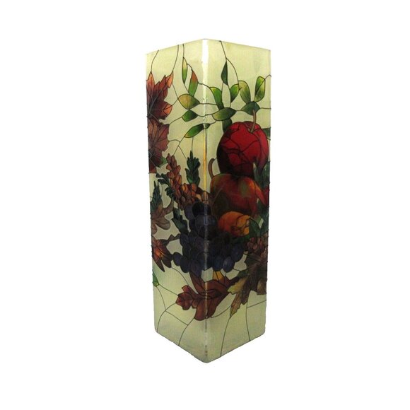 Joan Baker Hand Painted Stained Glass Vase Fruits Autumn Leaves Apx 10” x 3” x3" - Picture 2 of 10